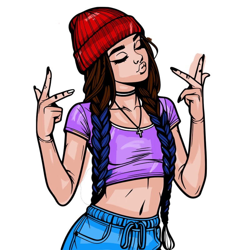 realistic teenage girl with braids and a beanie and crop top doing 🫶🏼