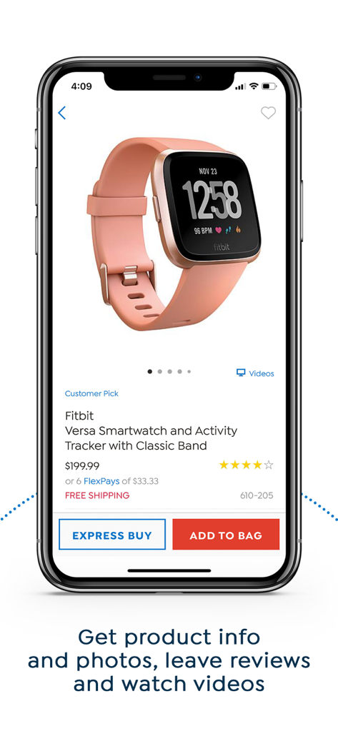 HSN app product page showing a Fitbit Versa smartwatch with pricing and flexpay options