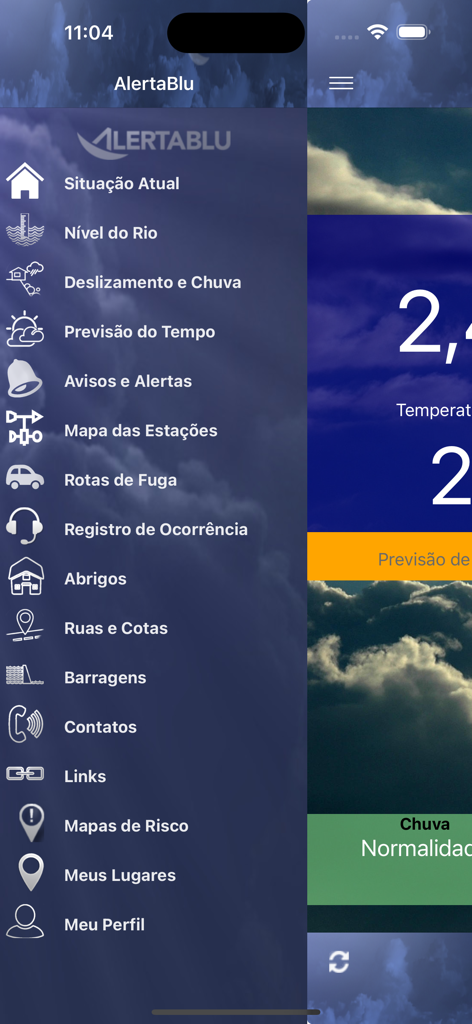 Menu de navegação lateral do aplicativo ALERTABLU mostrando recursos de emergência e monitoramento climático.