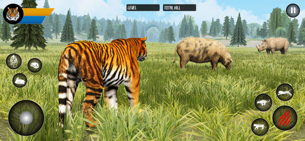 Gameplay screenshot of Tiger Simulator showing a tiger in a grassy field with a pig and a rhinoceros