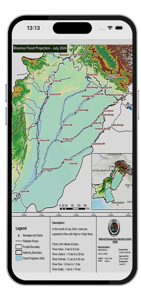PAK NDMA-Disaster Alert - Screenshot of the PAK NDMA app showing a riverine flood projection map for Pakistan with data on river flow levels.