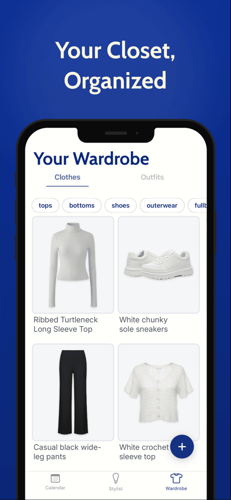 The Vesta Wardrobe app interface showing a digitally organized closet with categories for tops and shoes