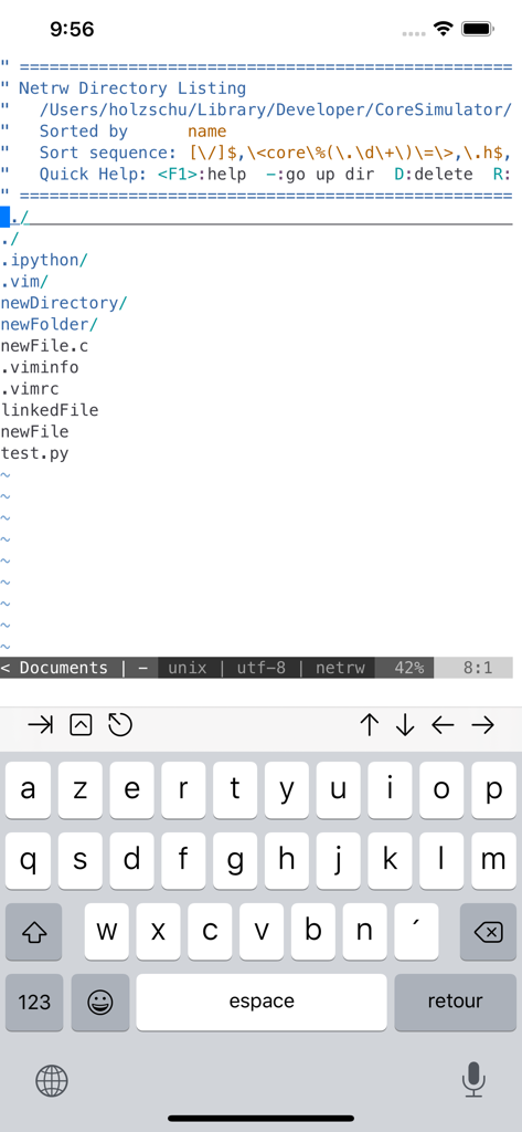 Interfaz de terminal de a-Shell mini mostrando un listado de directorios con archivos como python y vim en un iPhone