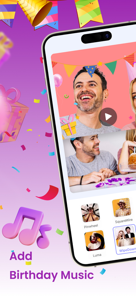 Video Maker Birthday Slideshow - 写真スライドショーの音楽とトランジションオプションを表示する誕生日ビデオメーカーアプリのインターフェース
