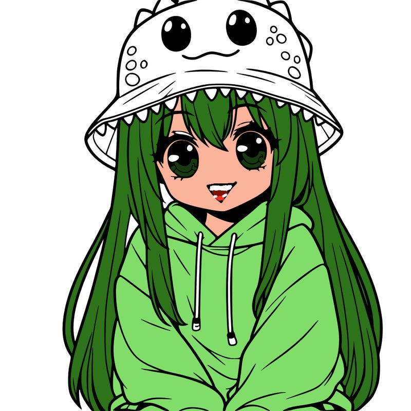 girl with anime shaped eyes with a dinosaur bucket hat oversized sweatshirt long straight hair