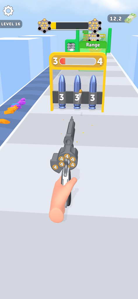 A first person view of a revolver shooting at bullet obstacles in a 3D runner game level