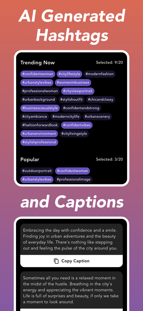 Get Followers - Boost Viral AI - Oberfläche, die von der KI generierte Hashtags und Bildunterschriften für virales Instagram-Wachstum anzeigt