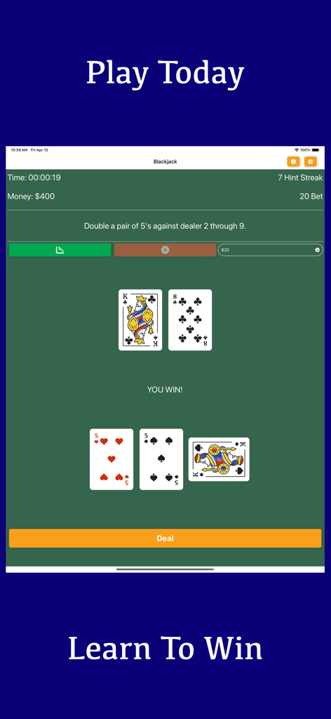 Interface of a blackjack training app showing a winning hand and strategy tips