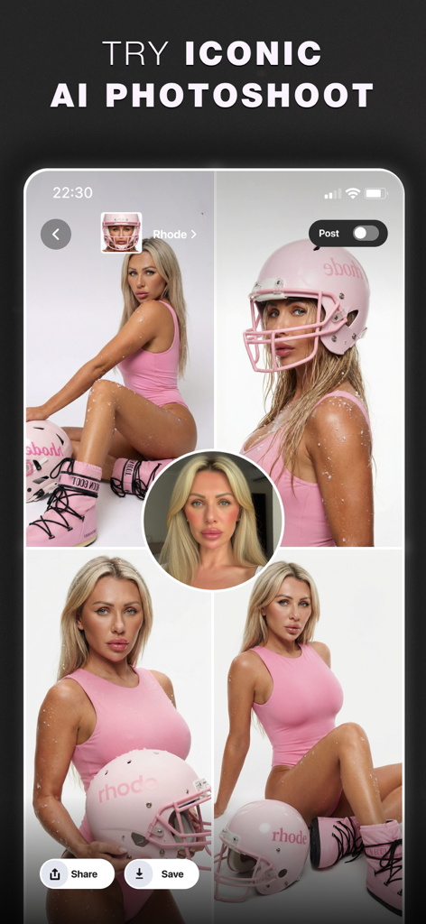 Pantalla de la aplicación Glam AI mostrando múltiples imágenes de sesiones de fotos generadas por IA de una mujer con un atuendo rosa y casco de fútbol basadas en una sola selfie