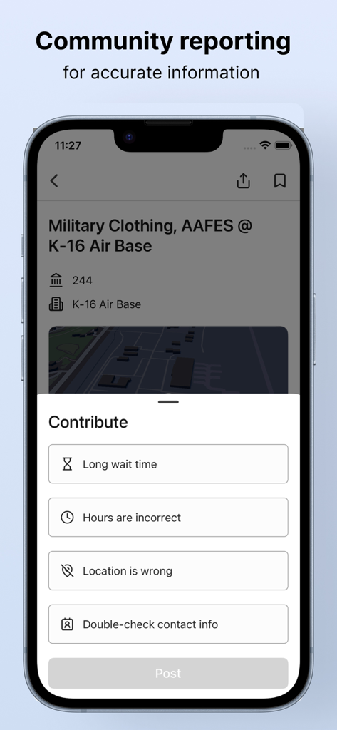 MyArmyPost App Community Reporting Bildschirm zur Bereitstellung genauer Informationen zur Militärinstallation