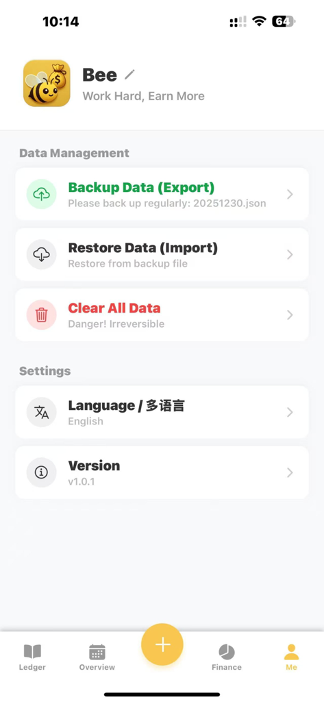 Gig Daily Wage Tracker - Settings screen of the Gig Daily Wage Tracker app featuring data backup and restore options