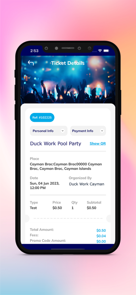 A digital event ticket for a pool party in the Cayman Islands displayed on the TicketsPlus Attendee mobile app