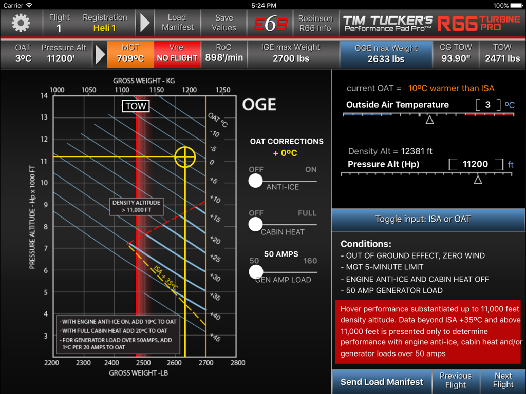 R66 PRO - R66 PRO flight computer interface displaying Out of Ground Effect OGE performance chart and weight calculations for Robinson R66 helicopters