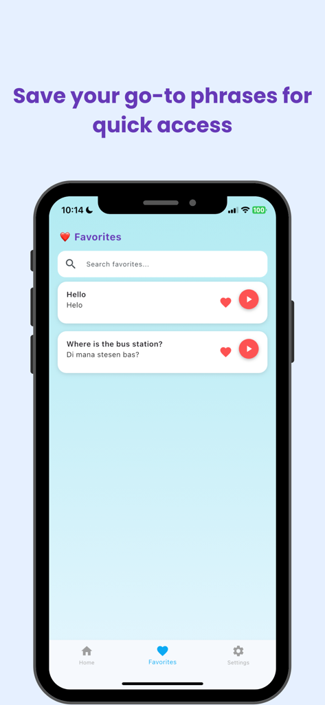 Malay Phrasebook for Travel - マレー語フレーズ集アプリのお気に入りセクションのスクリーンショット。こんにちは、バス停はどこですかなどの保存されたフレーズと音声再生ボタンが表示されています。