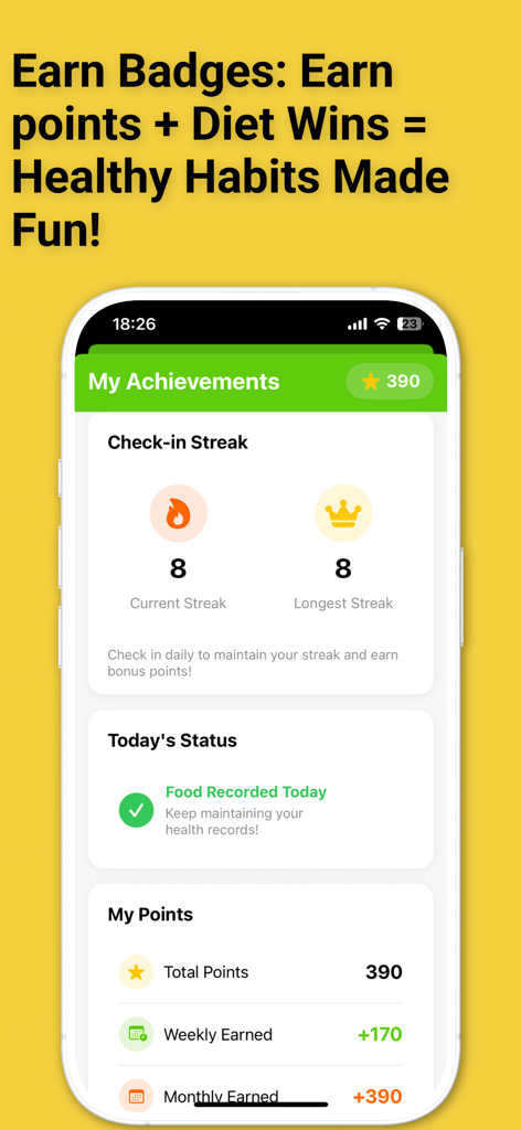 Achievements screen of the Diet Scan AI app showing check-in streaks and reward points for healthy habits.