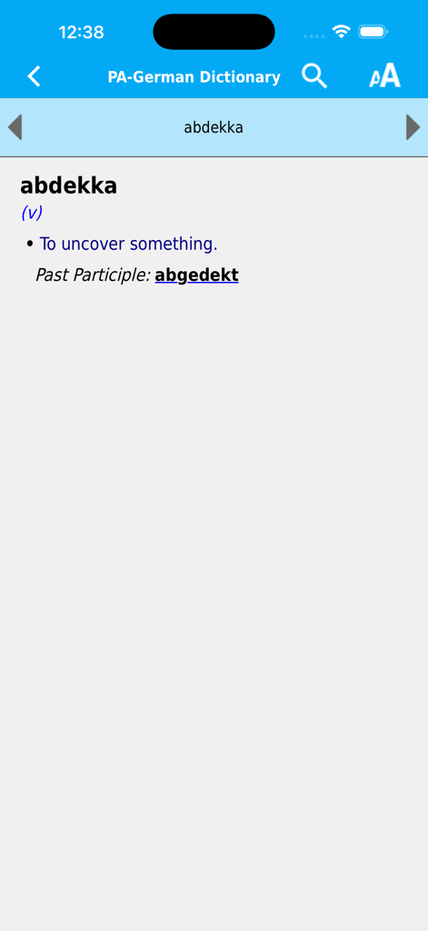 PA-German Dictionary - Écran de l'application montrant la définition Pennsylvanie German du mot abdekka