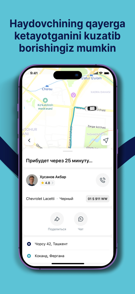 Benutzeroberfläche der Rizo GO App, die eine Taxi-Tracking-Karte mit Fahrerinformationen und geschätzter Ankunftszeit anzeigt