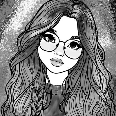 girl with long hair and freckles and glasses realistic