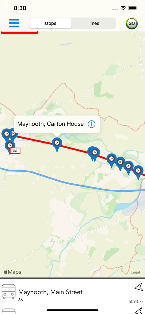 Dublin Public Transport - Interfaz del mapa de la aplicación Transporte Público de Dublín que muestra la ruta del autobús 66 y las paradas cerca de Maynooth