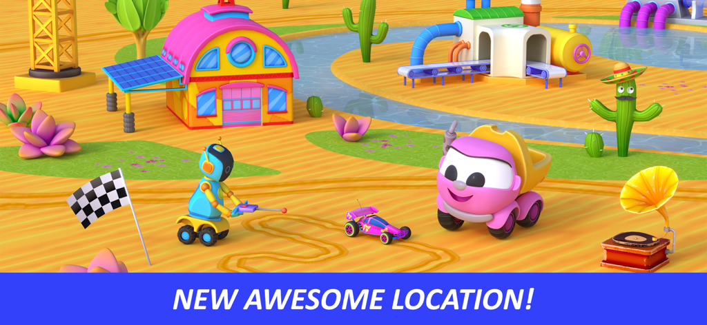 Lea the truck and a robot playing with a remote controlled car in a colorful desert setting.