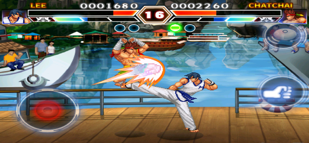 Kung Fu Do Fighting - Gameplay screenshot of Kung Fu Do Fighting showing characters Lee and Chatchai in a martial arts match on a waterfront dock