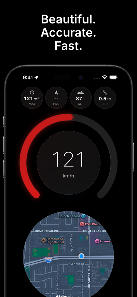 Speedra: GPS Speedometer - Interfaz de la aplicación de velocímetro GPS Speedra con un indicador digital circular y un mapa en vivo integrado.