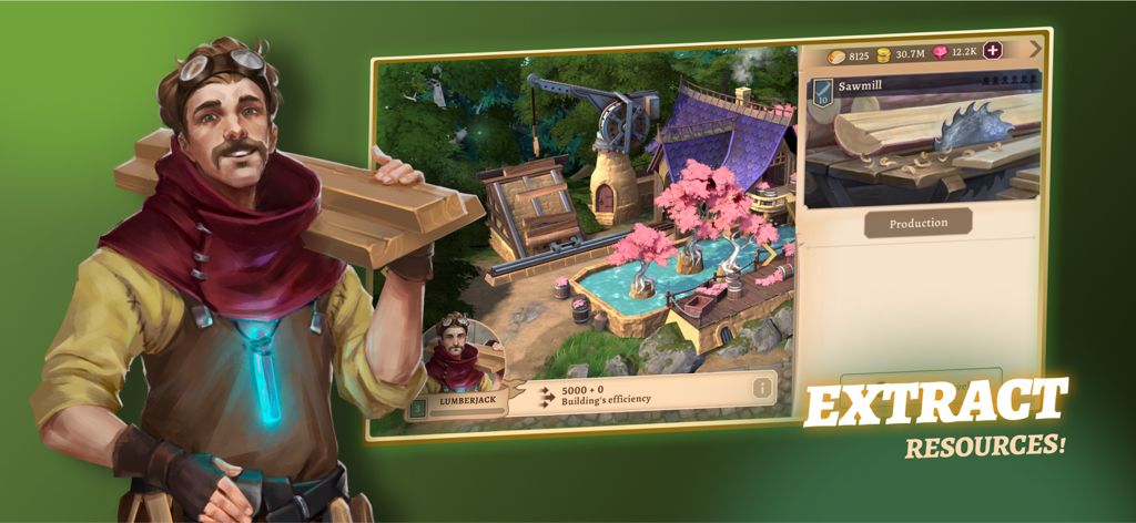 Battlesmiths: Medieval Life - Battlesmiths Medieval Lifeの製材所管理とリソース抽出インターフェース。