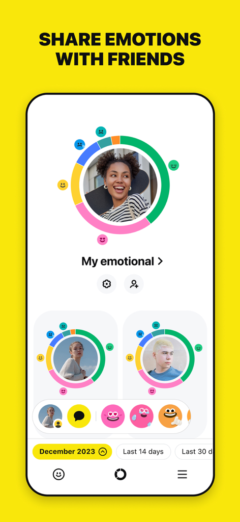 Interface of Emolog app showing mood statistics sharing with friends using colorful emoji rings