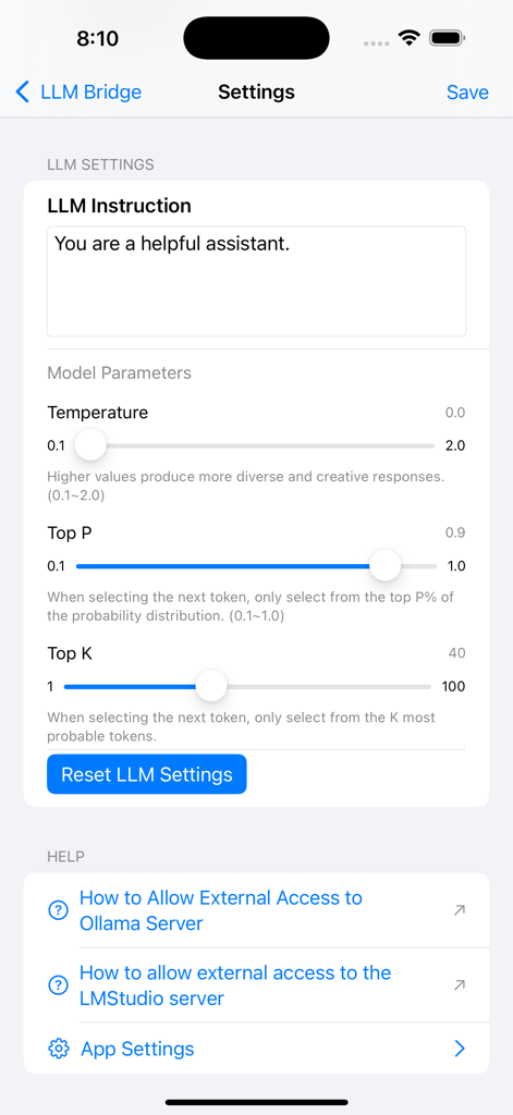 LLM Bridge - Multi LLM Client - The model parameters settings screen in the LLM Bridge app showing sliders for Temperature, Top P, and Top K.