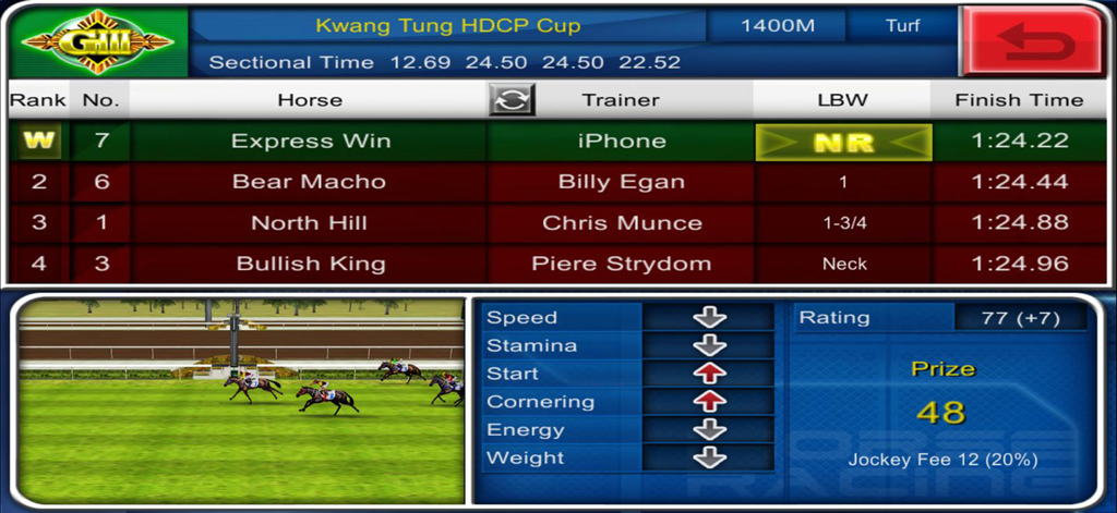 iHorse Racing: horse race game - Race results table and horse performance statistics in iHorse Racing game