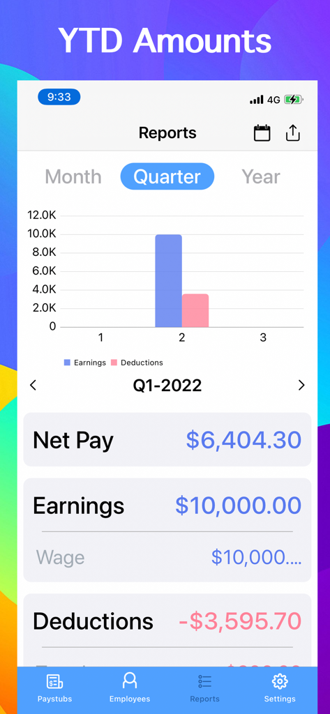 Paystub Generator - Quarterly financial report dashboard in Paystub Generator app showing earnings and deductions chart with net pay calculation