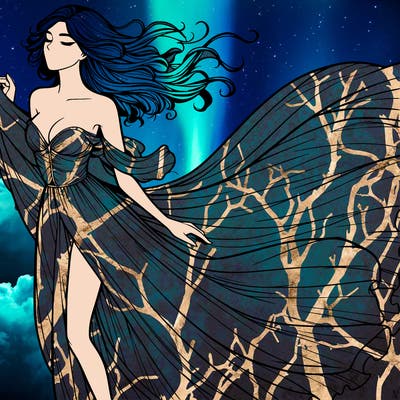 realistic woman in dress flowing the the wind