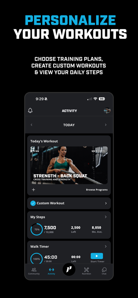Panel de actividad de la aplicación 1st Phorm que muestra entrenamientos personalizados y seguimiento diario de pasos