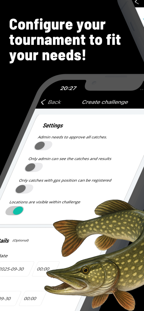 FishChamp - Fishing Challenges - Tournament configuration screen in the FishChamp app showing challenge settings and a pike fish illustration.