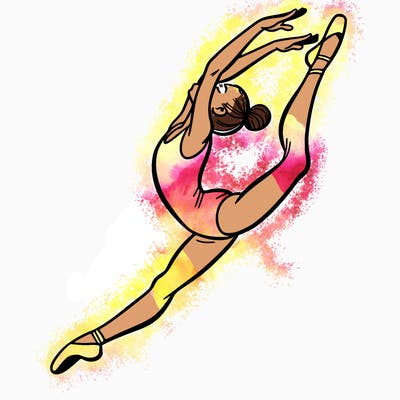 gymnast doing a leap in a leotard with a bent back leg