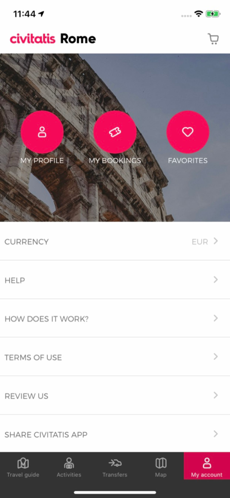 Rome Guide by Civitatis.com - La pantalla de configuración de cuenta de la aplicación Civitatis Rome Guide que muestra opciones de perfil, reservas y favoritos