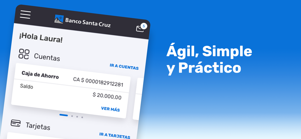 APP Banco Santa Cruz - Interfaz de banca móvil de Banco Santa Cruz que muestra el saldo de una cuenta y el menú de navegación.