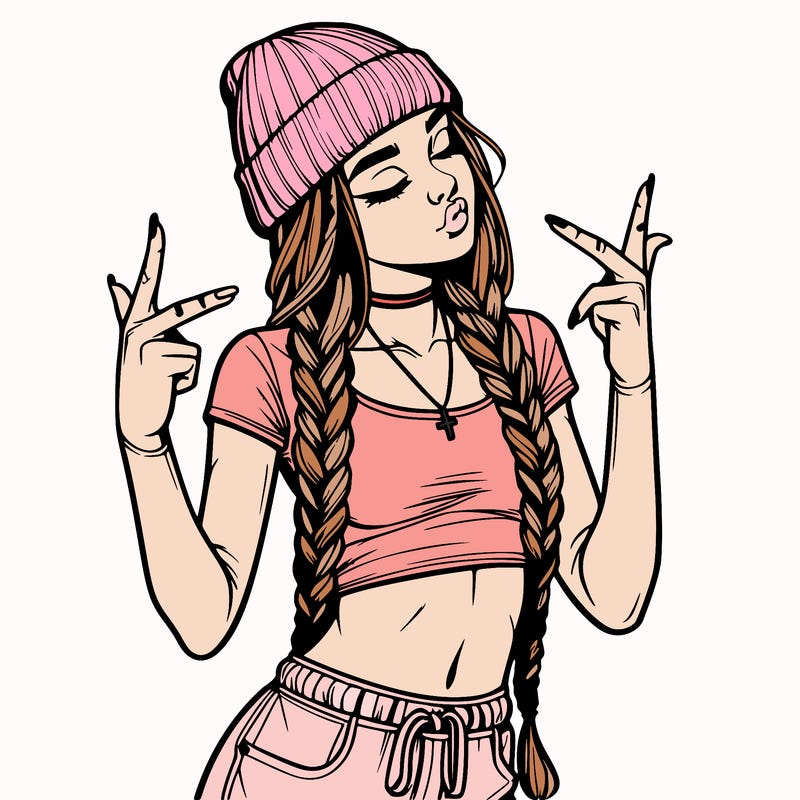 realistic teenage girl with braids and a beanie and crop top doing 🫶🏼