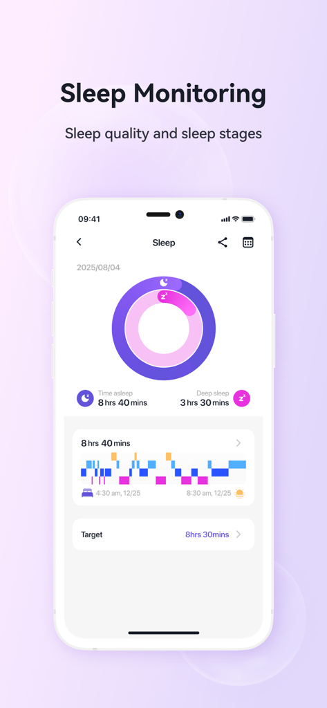 H Ring - HealthLife - H Ring app dashboard for sleep monitoring showing sleep quality and stages.