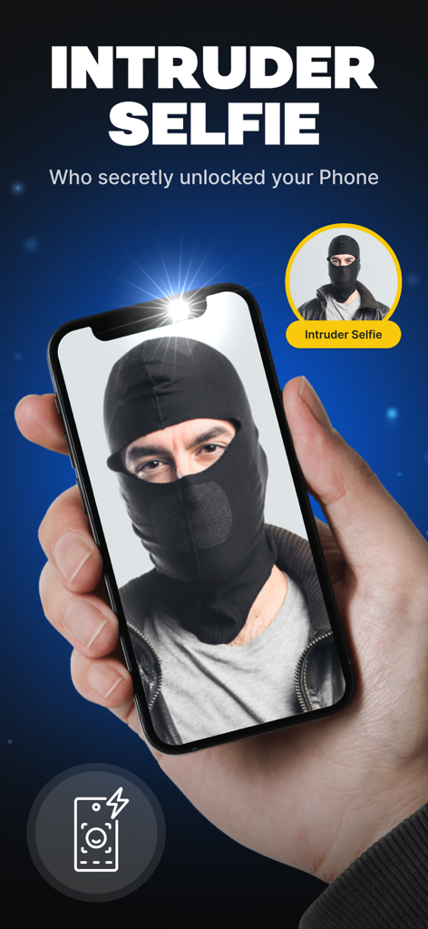 Anti Theft Alarm Motion Alert - Pantalla de smartphone mostrando una foto de un intruso con máscara capturada por la función de selfie de intruso.