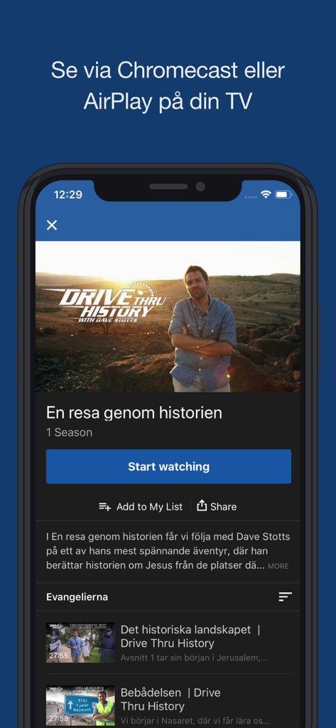 TBN Nordic Play - Interface de l'application TBN Nordic Play montrant la fonction de diffusion en continu Chromecast et AirPlay