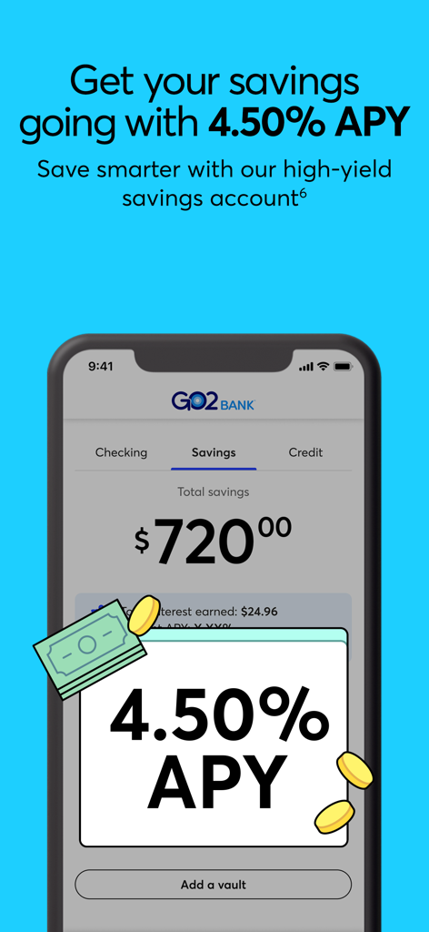 GO2bank: Mobile banking - Pantalla de la app móvil GO2bank que exhibe una cuenta de ahorros de alto rendimiento con 4.50 por ciento APY.