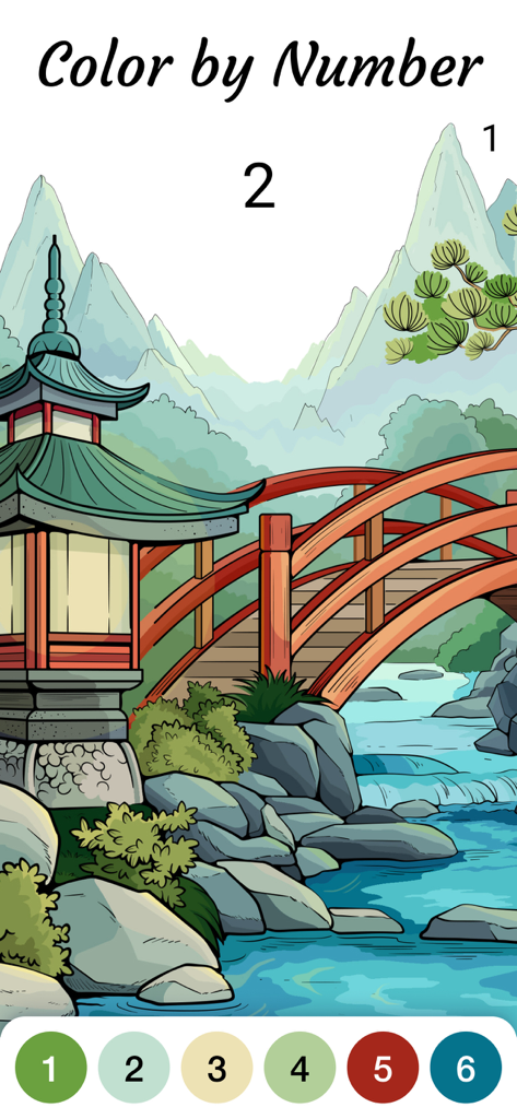 Zen Color - Color By Number - Zen Colorアプリの日本の禅風の風景塗り絵ページ。五重塔と木造の橋があります。