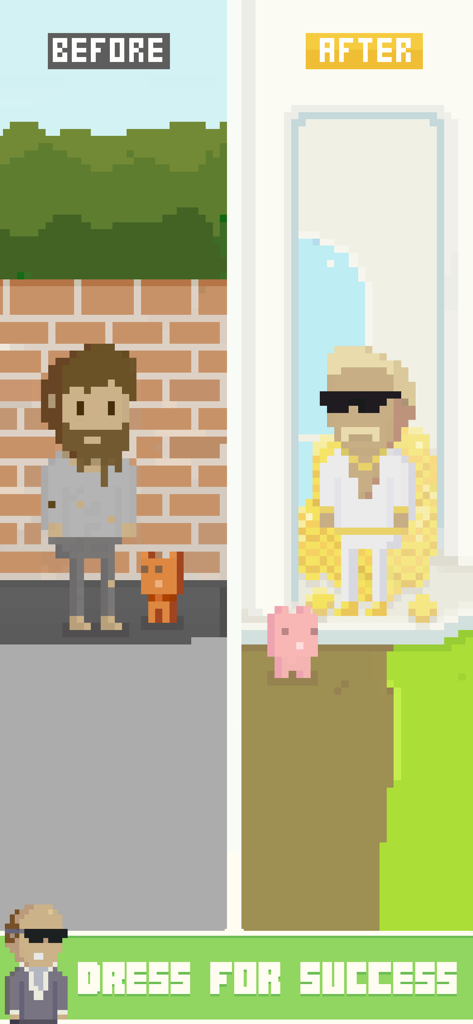 Virtual Beggar - 버추얼 베거에서 거주지에서 부유한 사업가로 변신하는 픽셀 아트 캐릭터를 보여주는 비교 전후