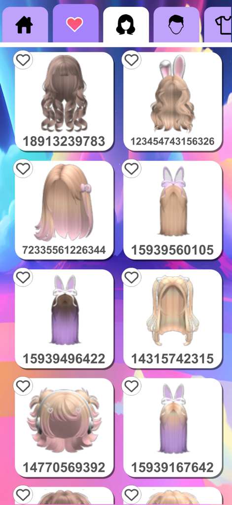 Outfit ID codes for Roblox - Catálogo de penteados estéticos com códigos de ID para avatares do Roblox