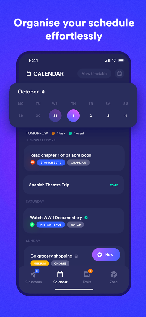 Classify — School Planner - Classify app calendar interface showing a student schedule with tasks like reading assignments and school trips