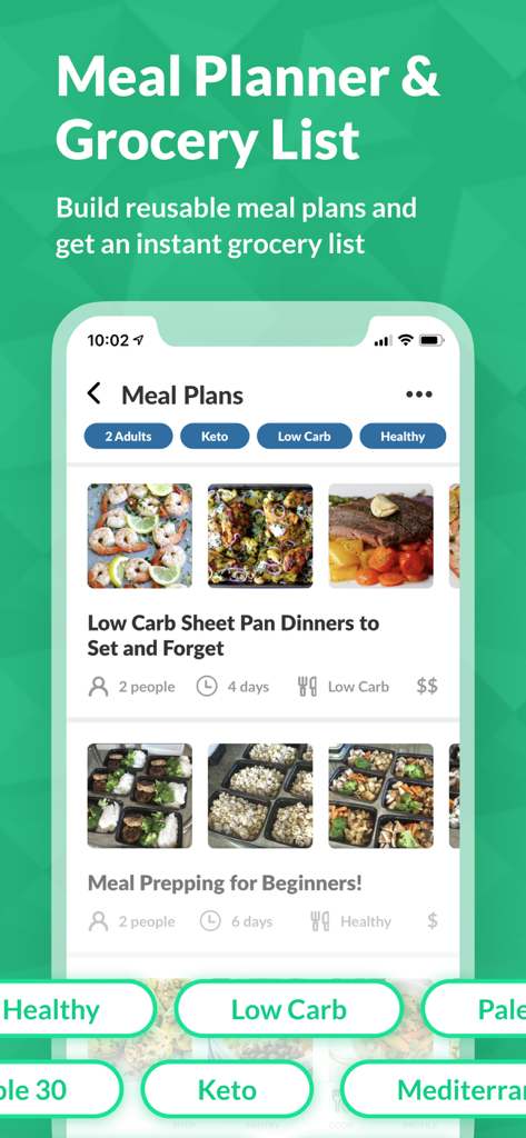 Cooklist app interface showing meal planning options for different diets including keto and low carb