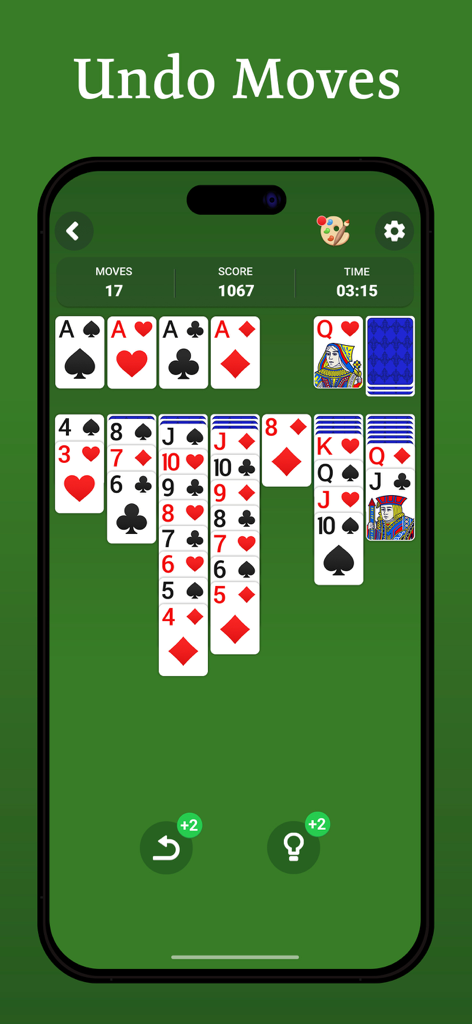 Classic Solitaire card game interface on a green background showing the undo moves feature