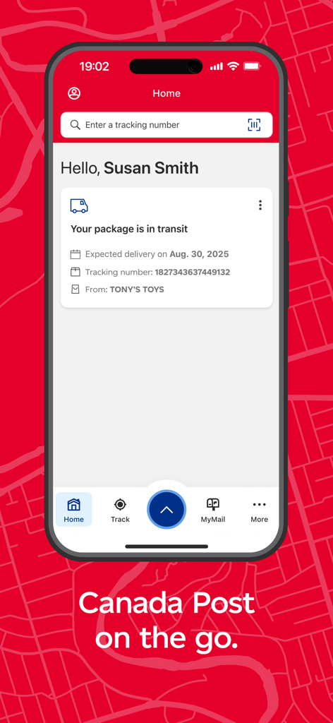 Canada Post mobile app home screen showing a package in transit with expected delivery date and tracking number