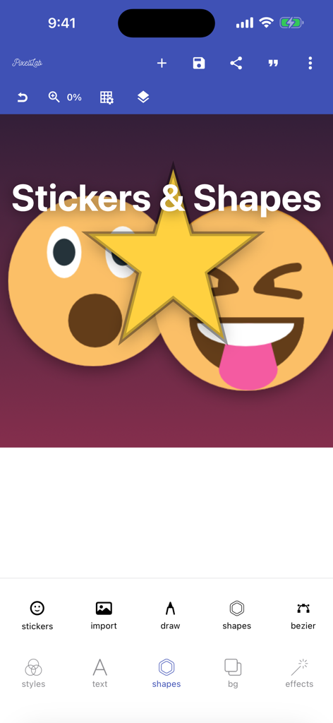 PixelLab app screen showing stickers and star shape options